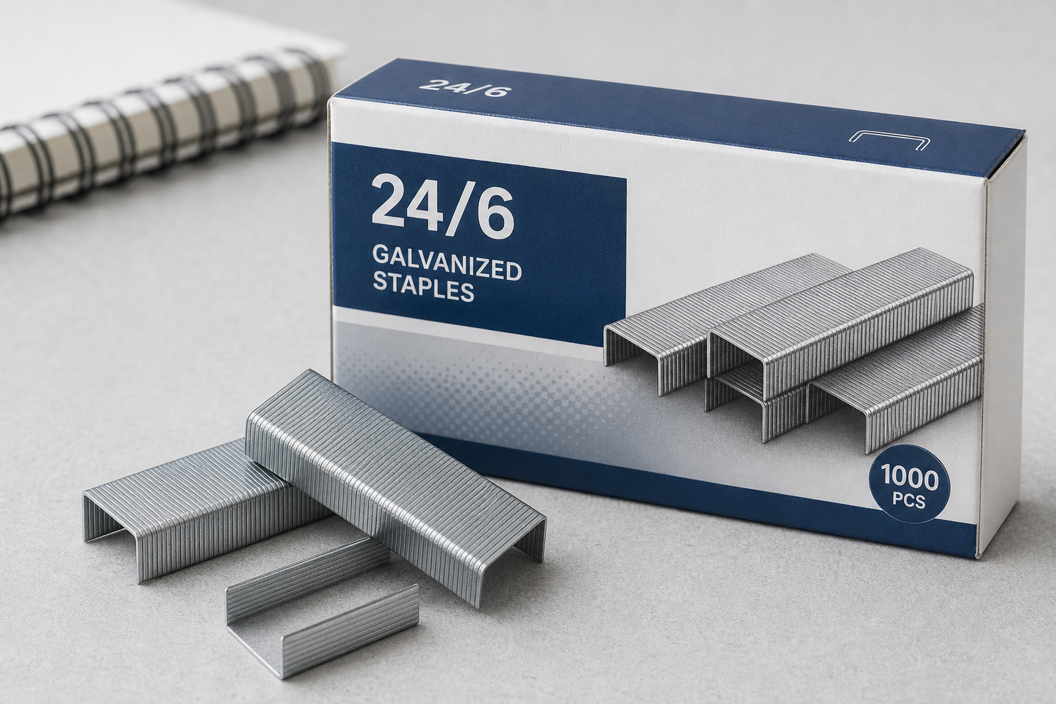 Box of galvanized 24/6 staples with loose staples displayed
