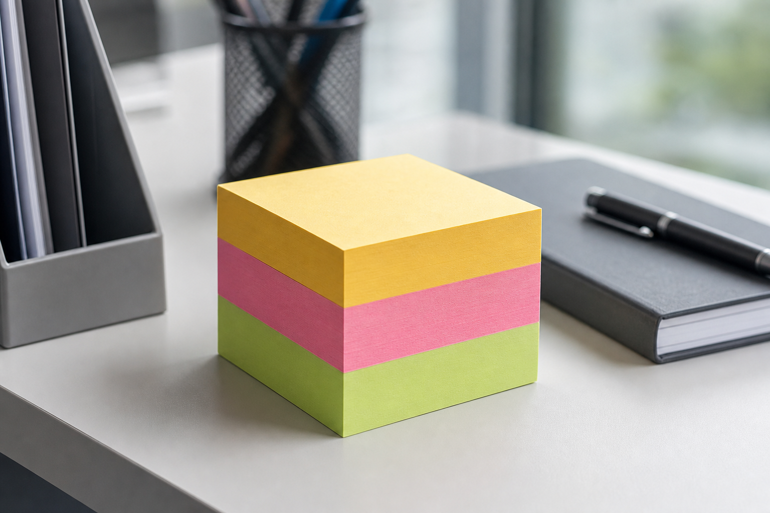 Colorful sticky notes cube in yellow pink and green