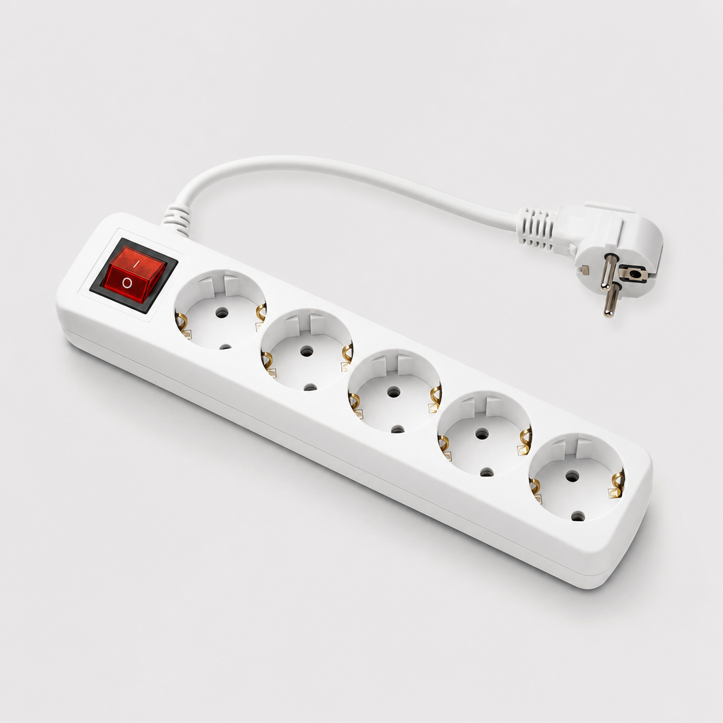 White six-outlet surge-protected power strip with switch
