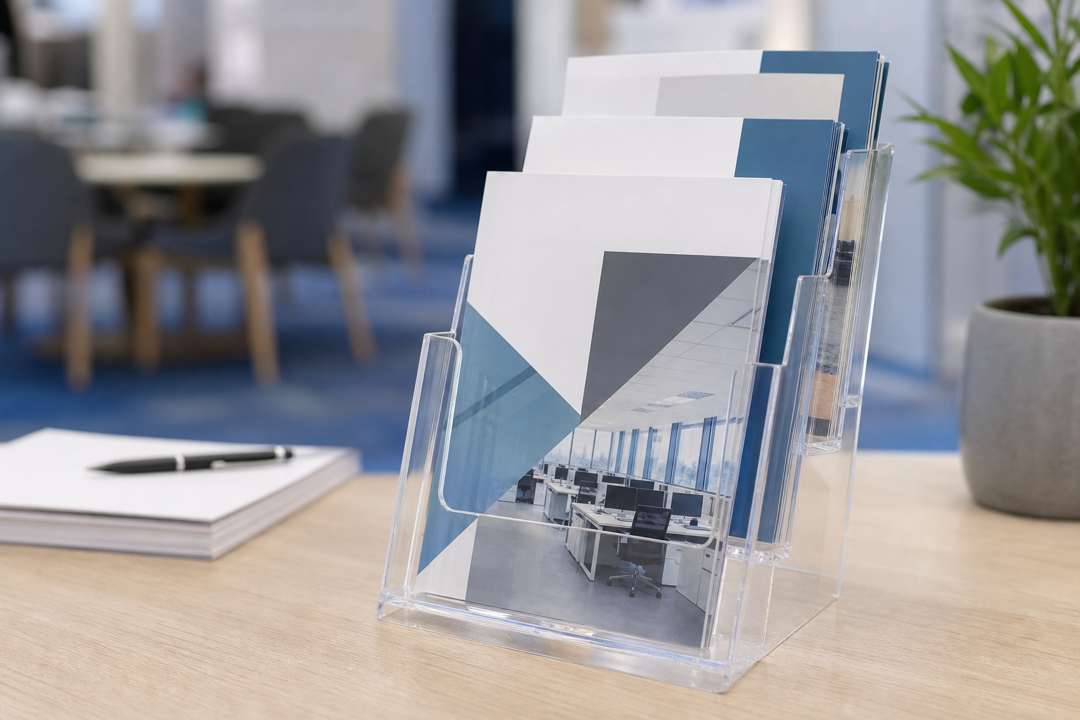 Clear acrylic tabletop brochure stand holding product leaflets
