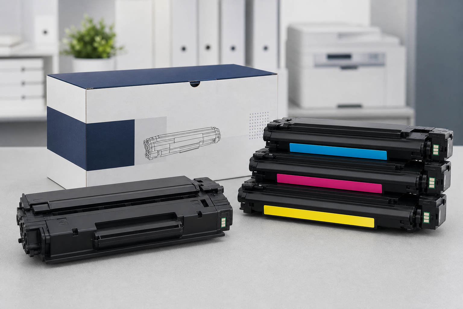 Set of high-yield toner cartridges in black and color packaging