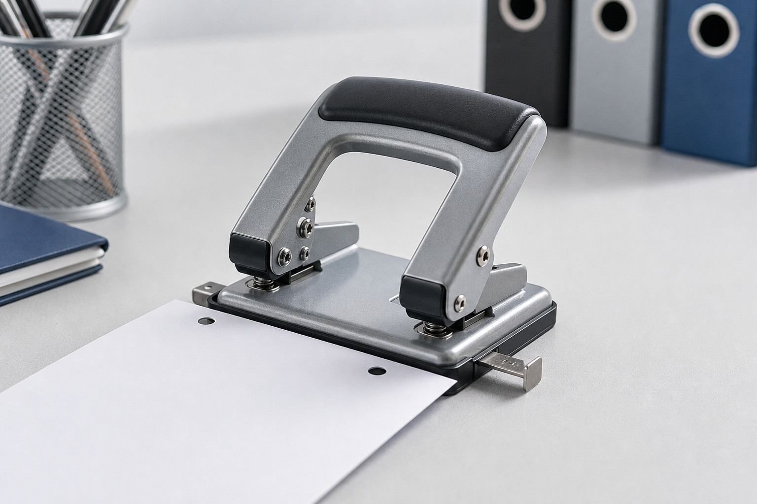 Metal two-hole puncher with punched paper sheet