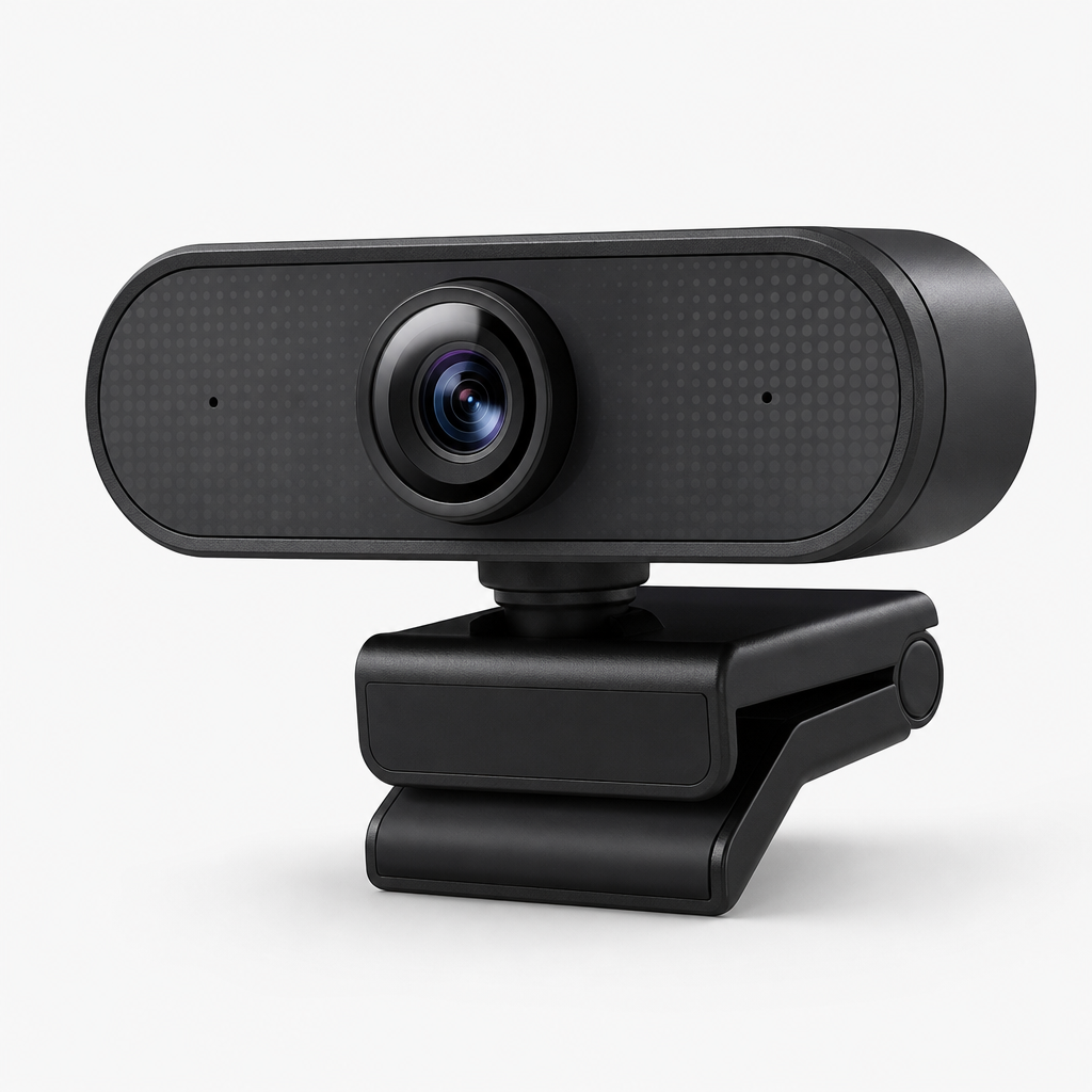 Compact black USB conference camera with wide-angle lens