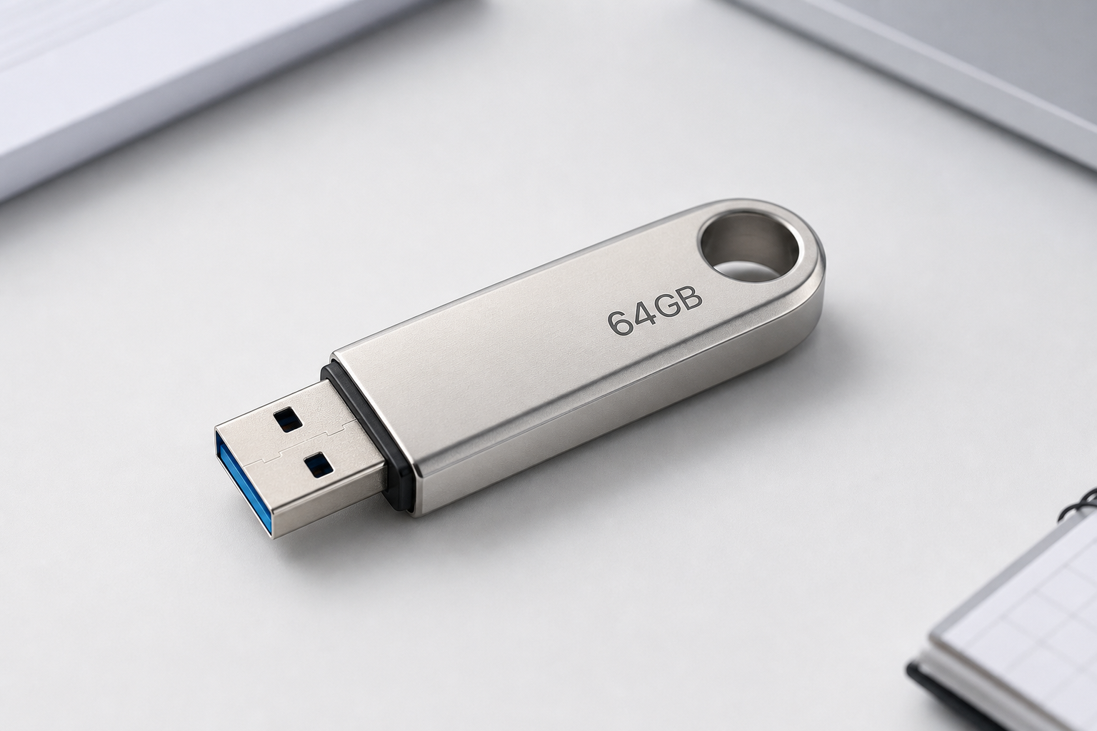 64GB USB flash drive on a light office background