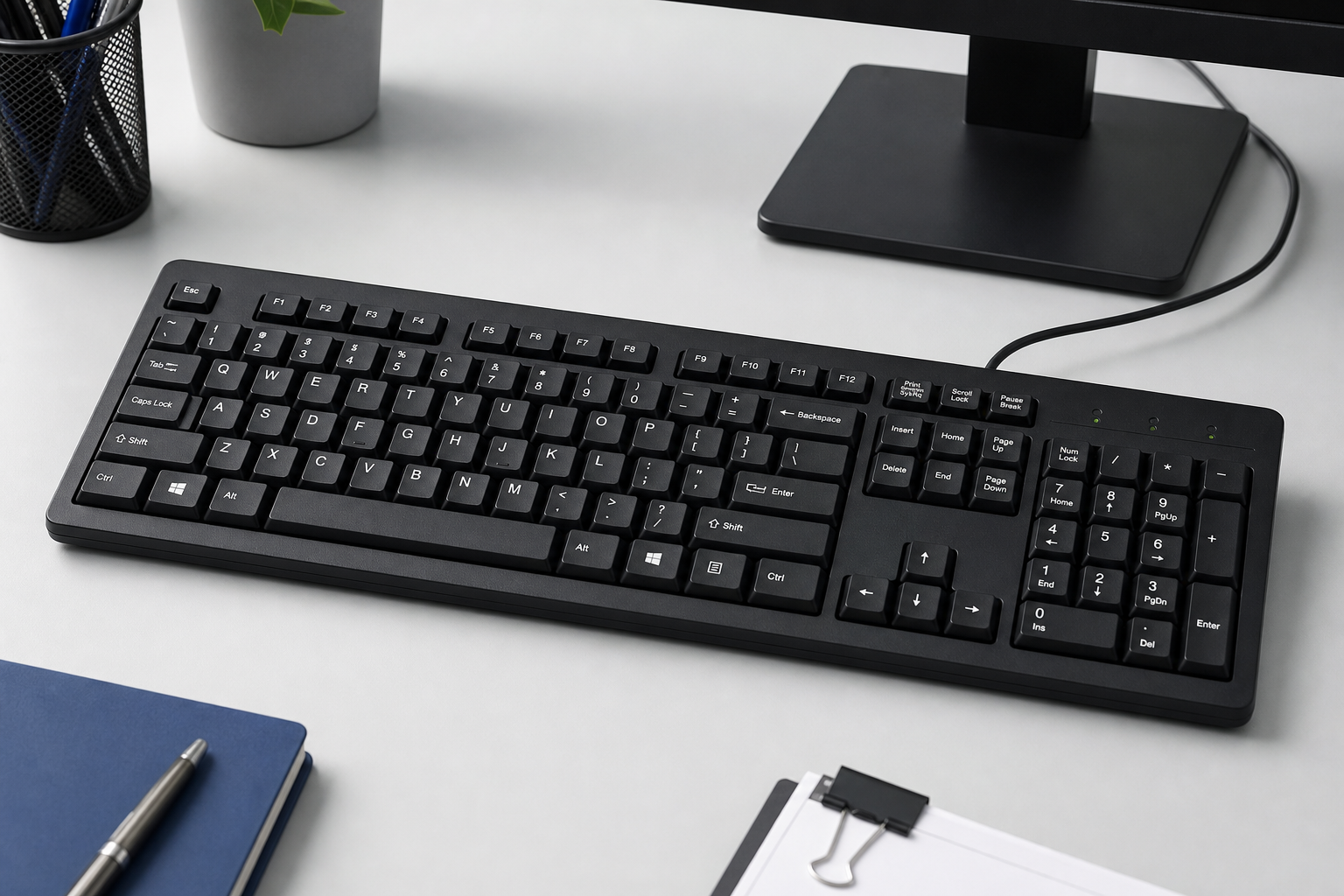 Full-size USB office keyboard on a neutral desktop