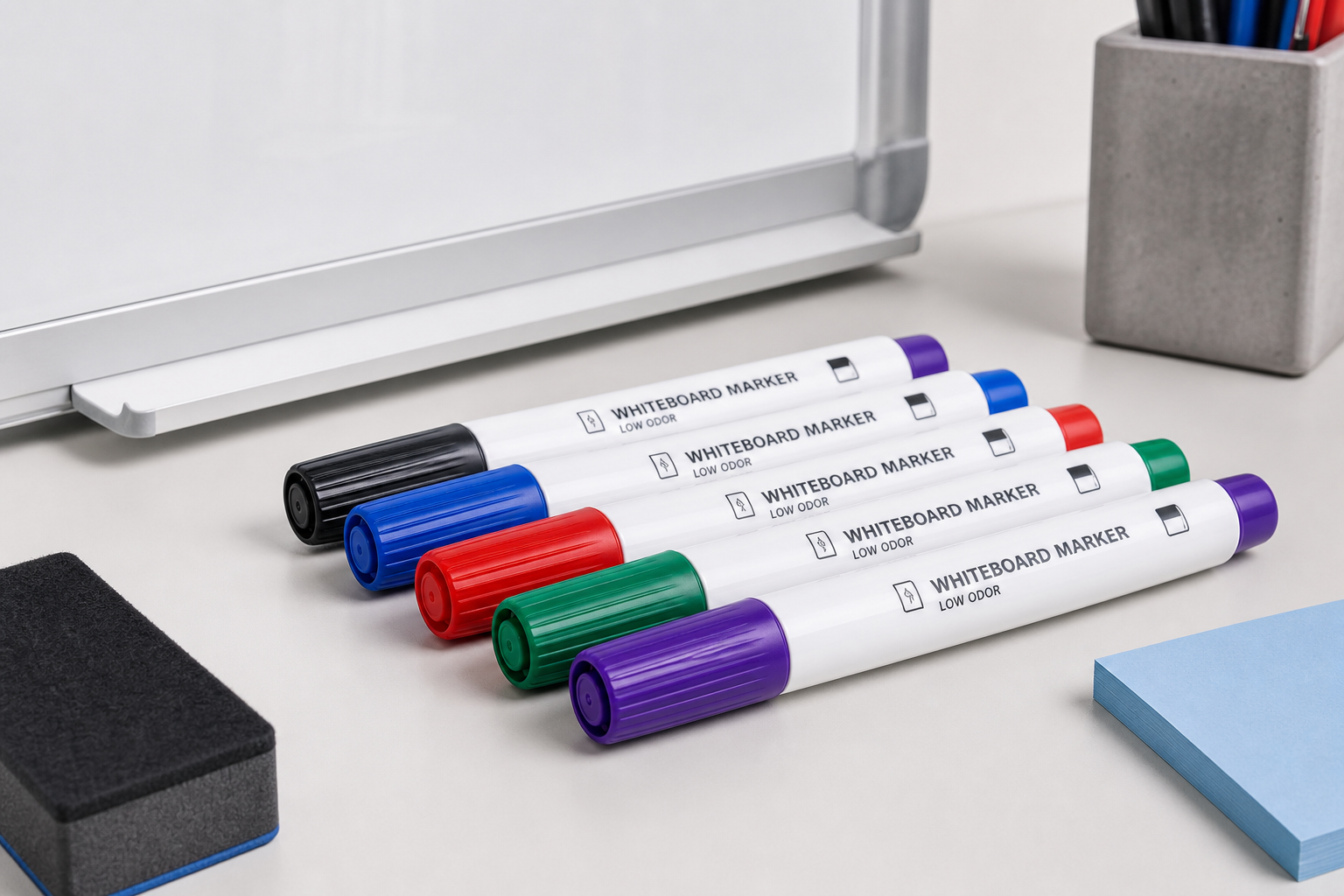 Set of low-odor whiteboard markers in assorted colors