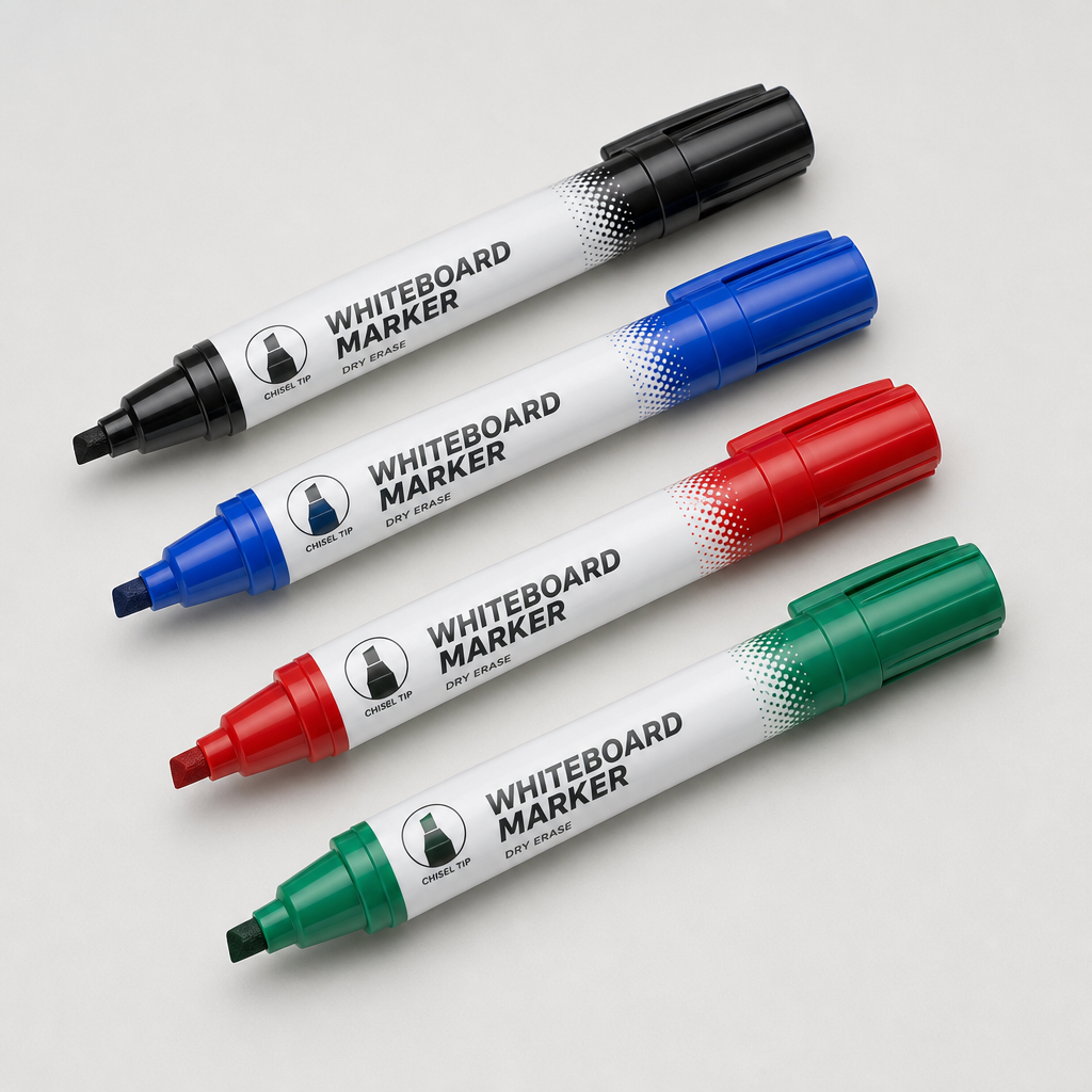 Set of dry erase whiteboard markers in black blue red and green with chisel tips