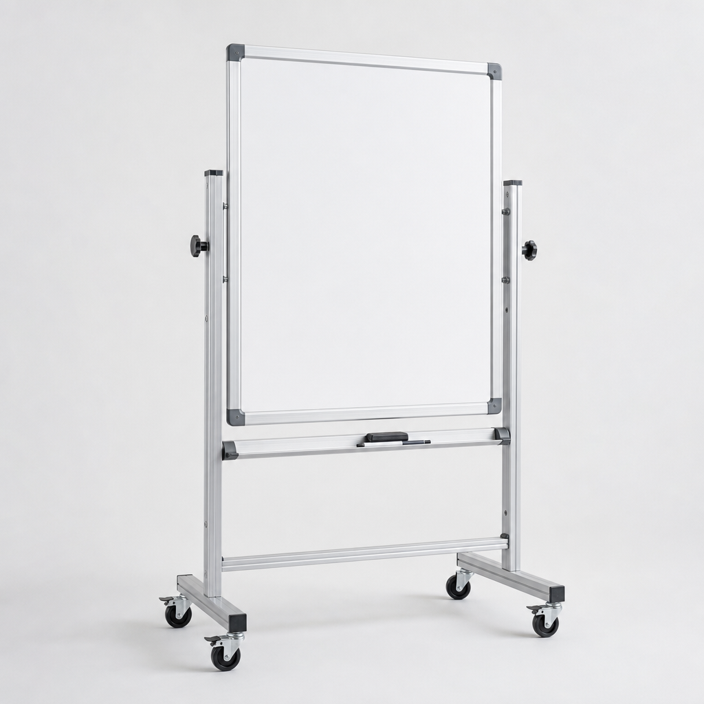 Mobile aluminum whiteboard stand with lockable caster wheels and adjustable frame
