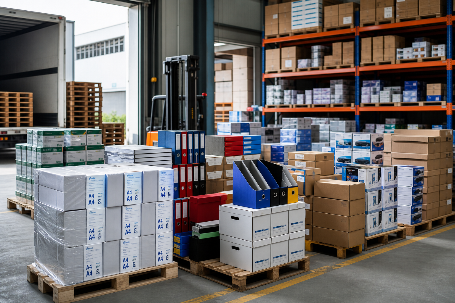 Warehouse pallet zone with cartons of paper reams, binders, and office consumables prepared for wholesale dispatch