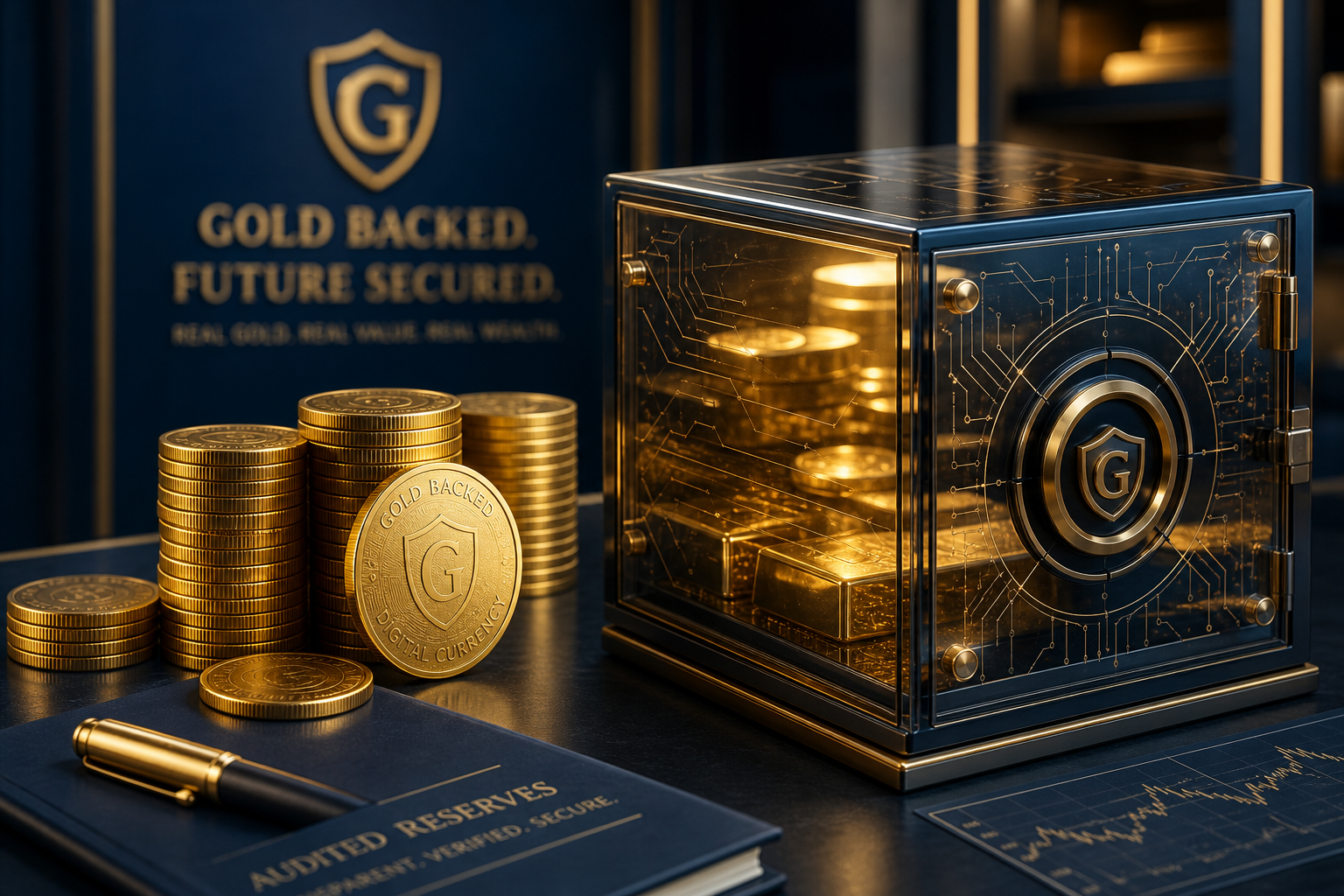Elegant composition of a gold coin stacked beside a modern glass crypto vault with subtle circuit patterns, set on a dark blue desk with soft gold light reflections
