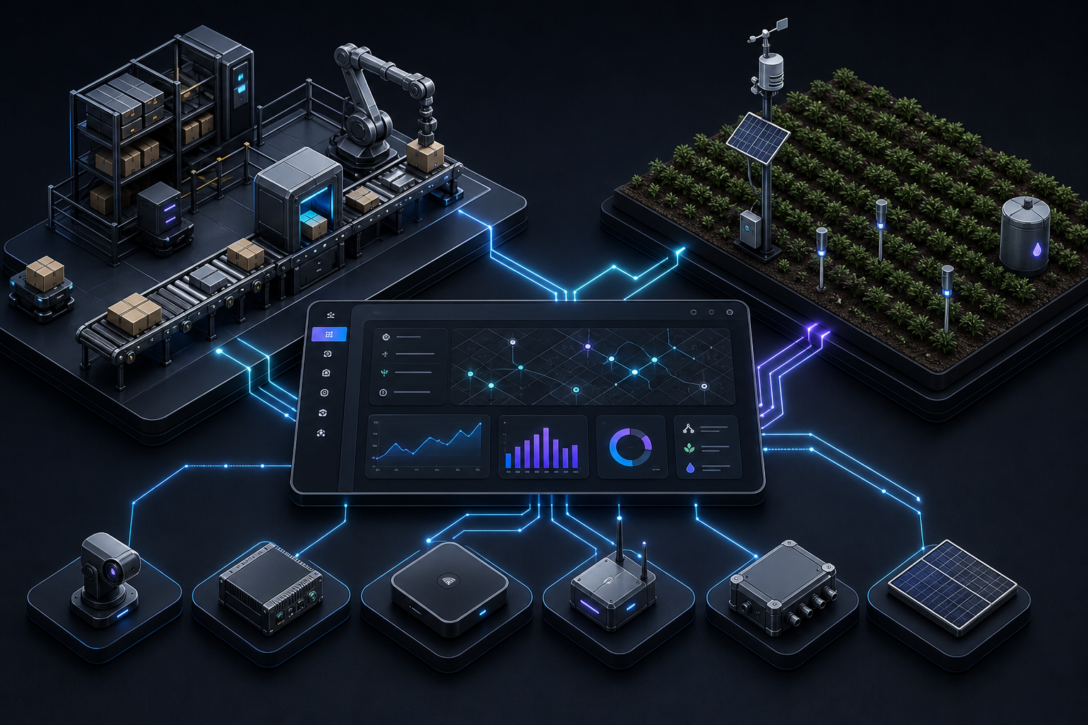 Isometric industrial-tech diagram showing warehouse conveyor modules and farm sensor nodes linked by signal lines into a central operations dashboard interface