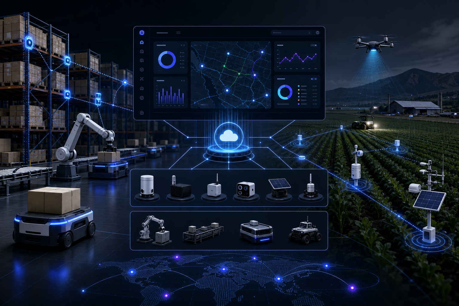 Technical illustration of modular sensors and software dashboards connecting warehouse logistics and agricultural operations