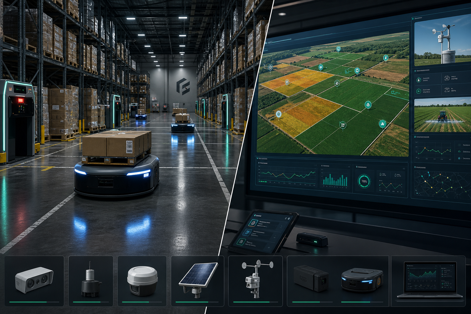 Split-view deployment scene showing autonomous warehouse robot lanes beside a farm operations dashboard with live sensor zones