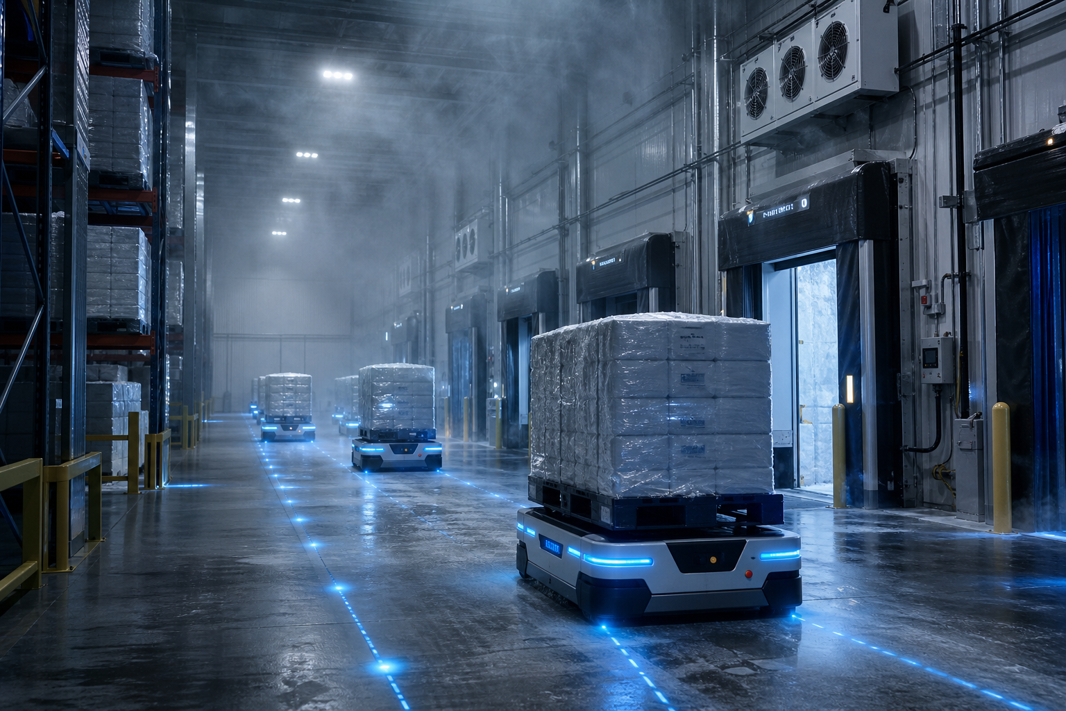 Illustrated cold-chain warehouse with autonomous mobile robots moving insulated pallets between loading bays under blue industrial lighting