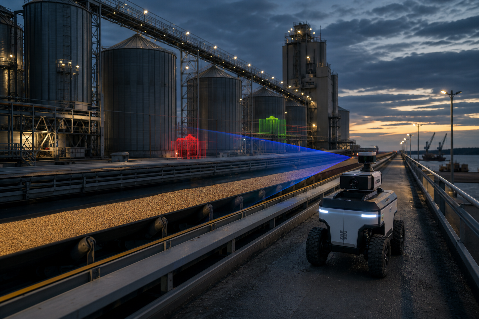 Large grain terminal platform with autonomous inspection rover scanning conveyors and safety zones at dusk