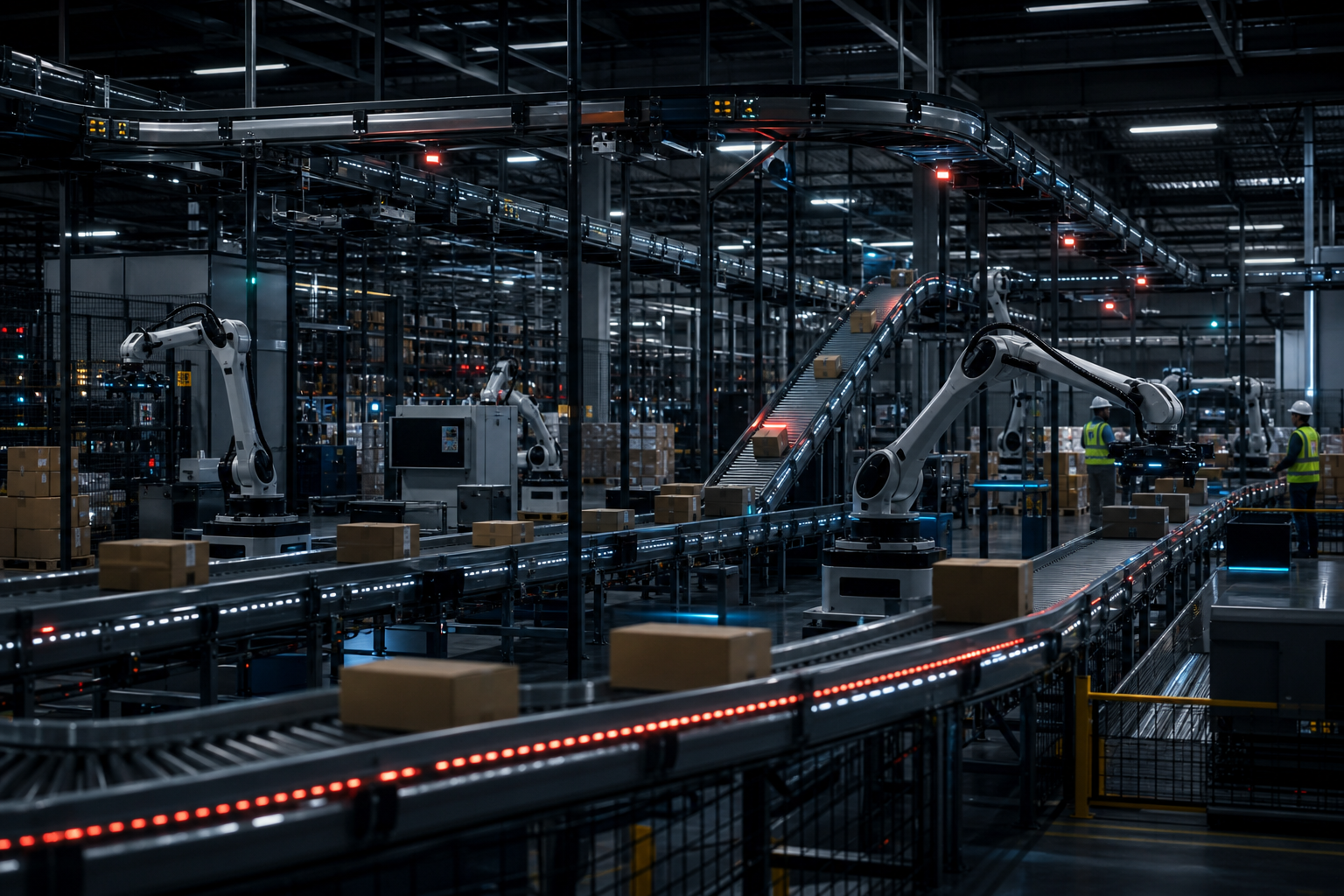 Regional fulfillment center interior with robotic sortation arms and overhead conveyors highlighted in a dark-tech visual treatment