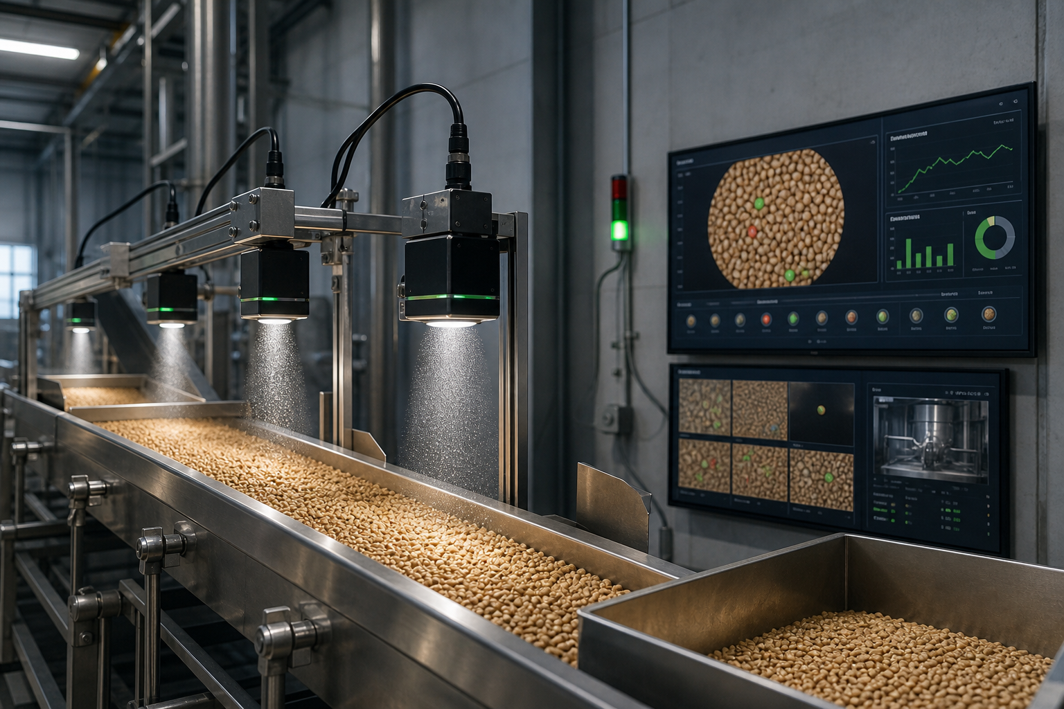 Seed processing line with optical sensors inspecting grain flow and operators monitoring quality metrics on wall-mounted screens