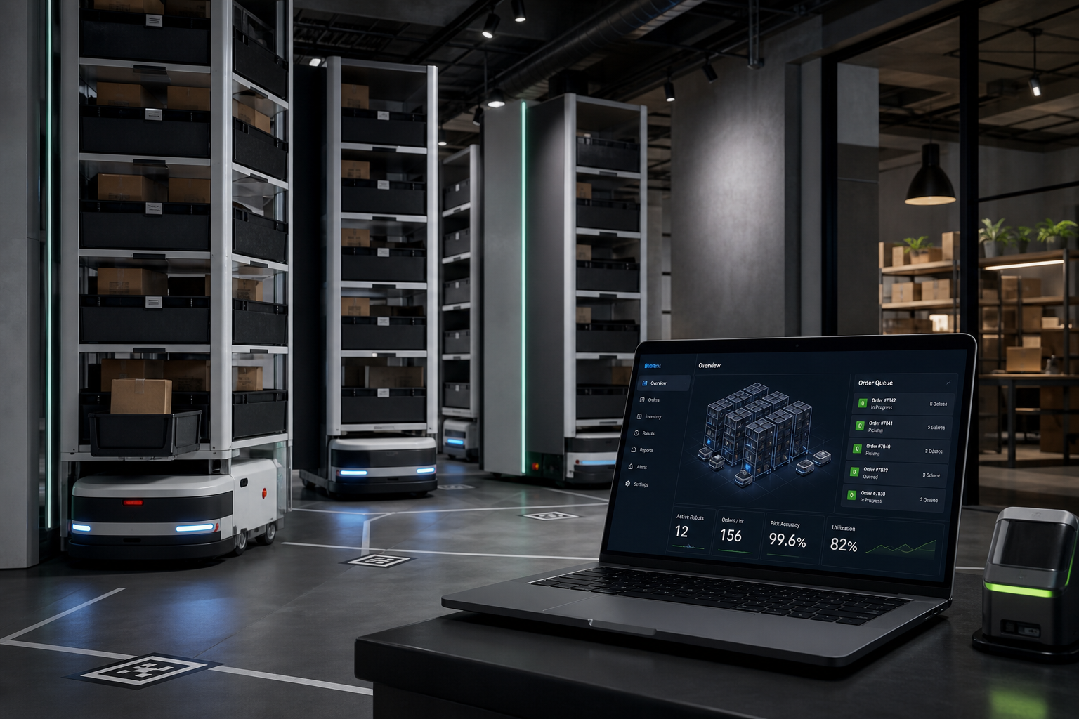 Compact urban micro-fulfillment hub with vertical shelving robots and a control dashboard on a laptop near packing stations