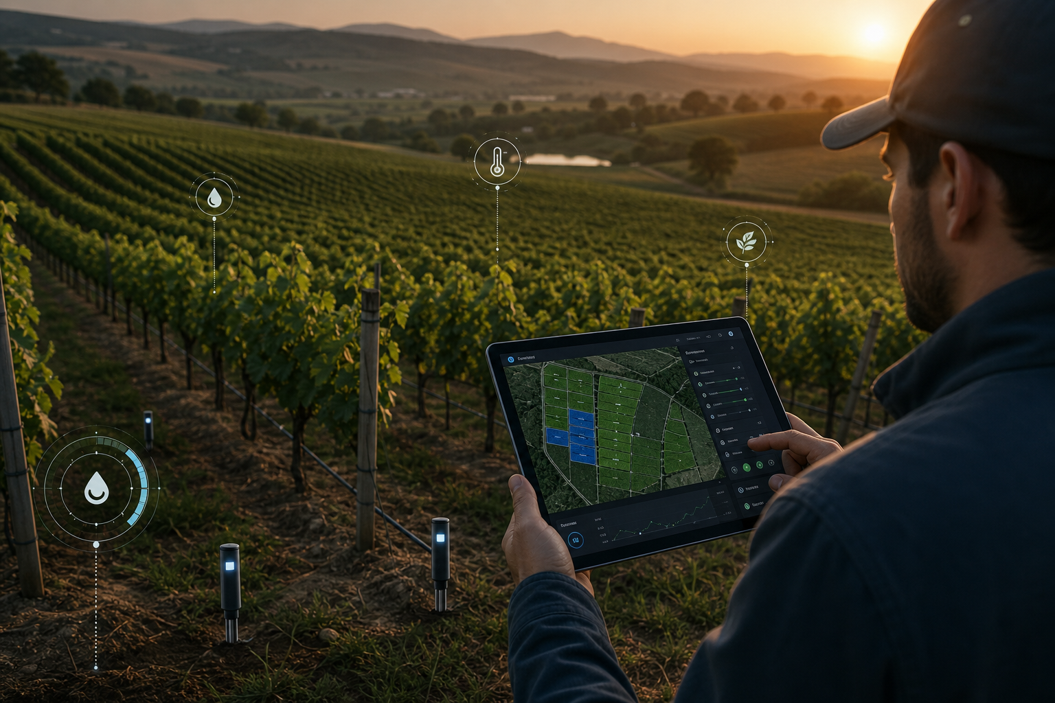 Aerial view of vineyard rows with IoT moisture probes and a tablet dashboard showing variable irrigation zones
