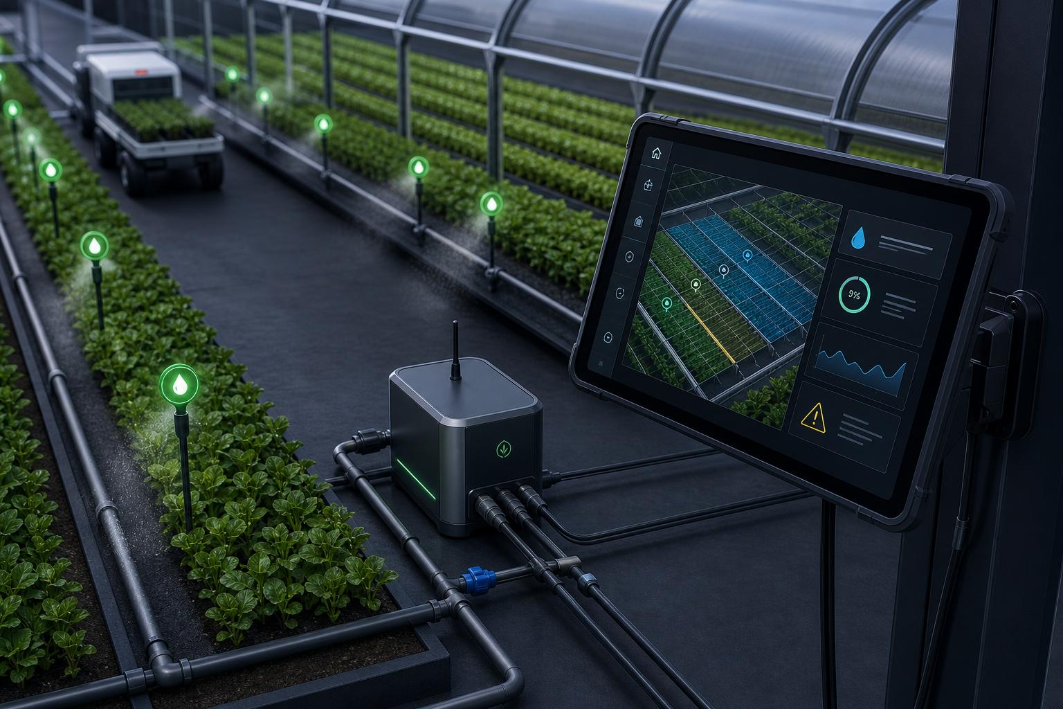 Isometric greenhouse with sensor nodes and automated irrigation lines connected to a tablet control interface