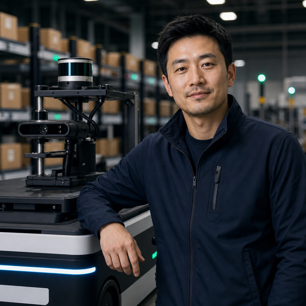 Ethan Park portrait, robotics engineer with short dark hair beside an autonomous warehouse vehicle