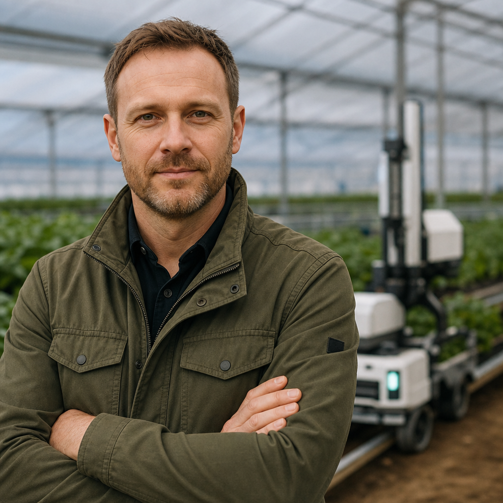 Jonas Meier portrait, deployment director wearing a field jacket at an active agricultural automation site