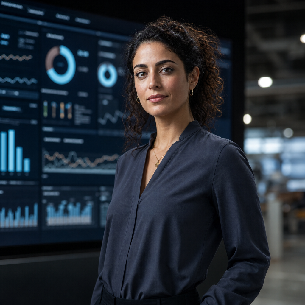 Leila Haddad portrait, software platform leader in front of a large operations analytics display
