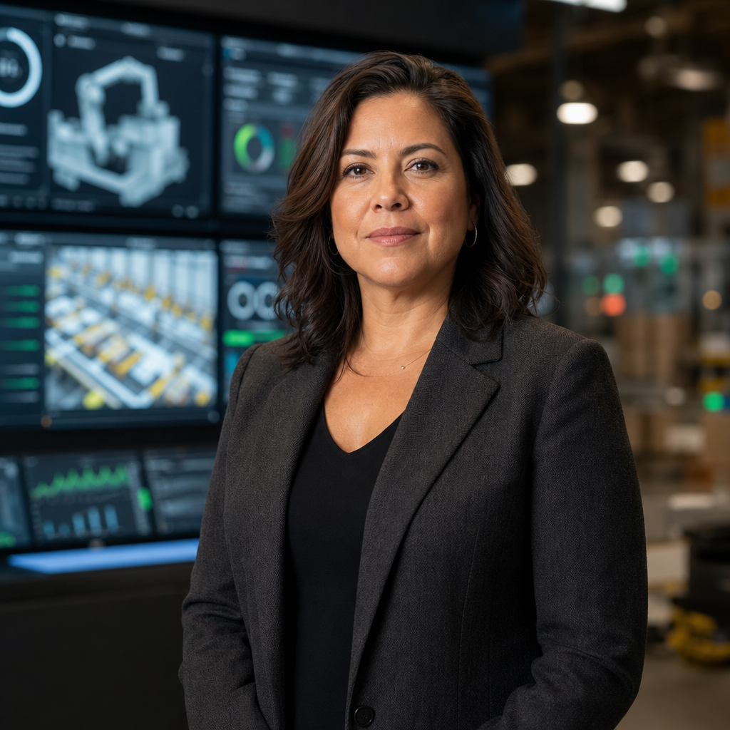 Maya Rios portrait, operations executive in a charcoal blazer standing in a modern robotics control room