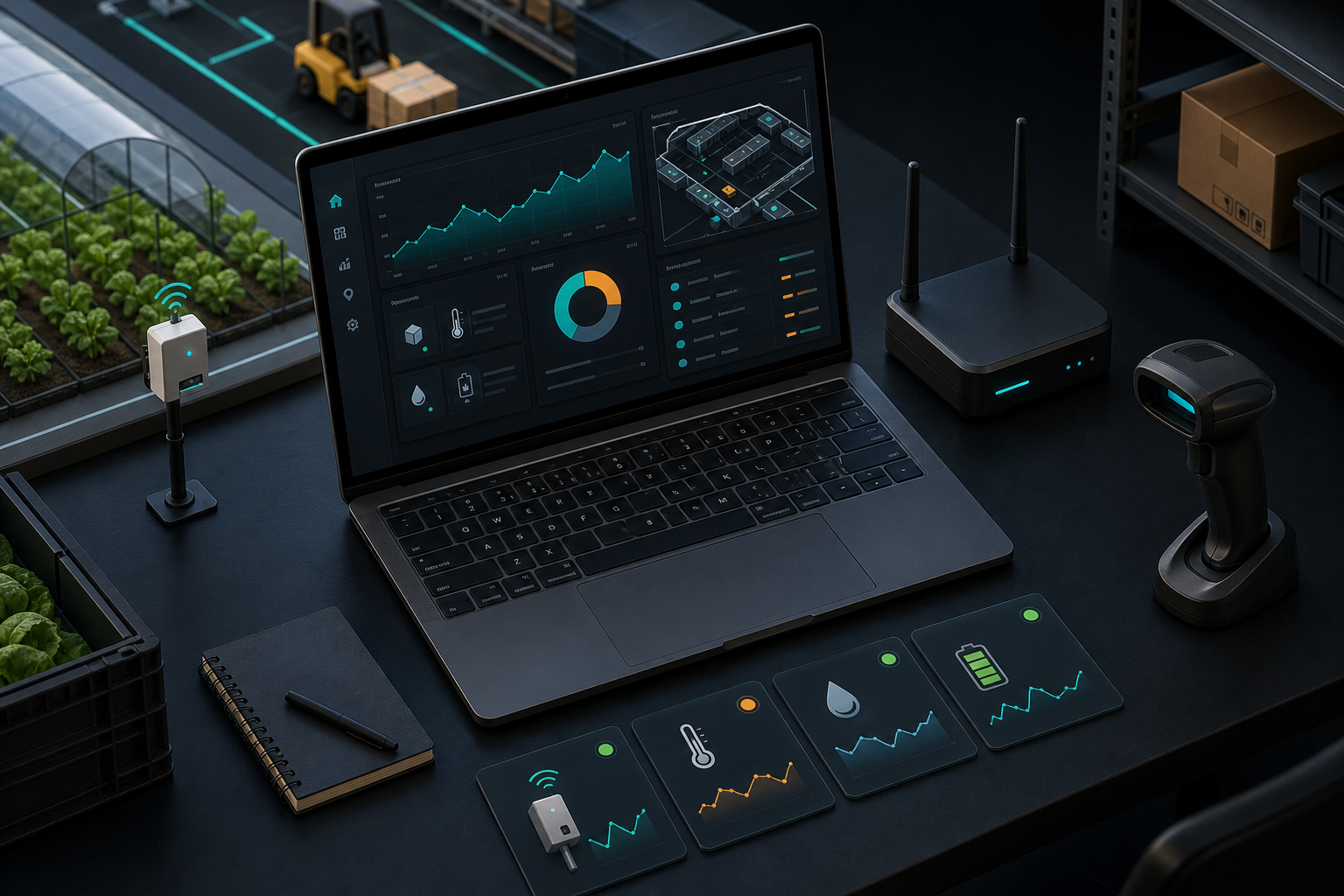 Compact isometric operations desk showing laptop analytics dashboard, barcode scanner, and sensor status widgets