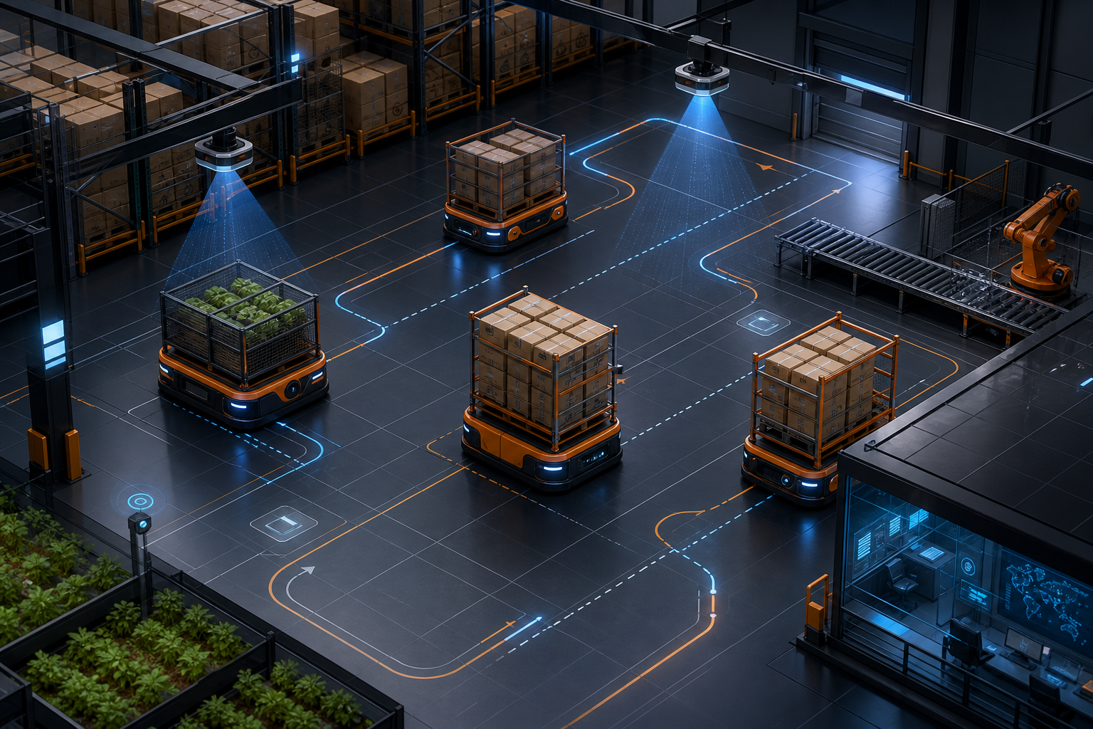 Isometric warehouse scene with autonomous mobile robots moving pallet racks between picking stations and sensor beacons