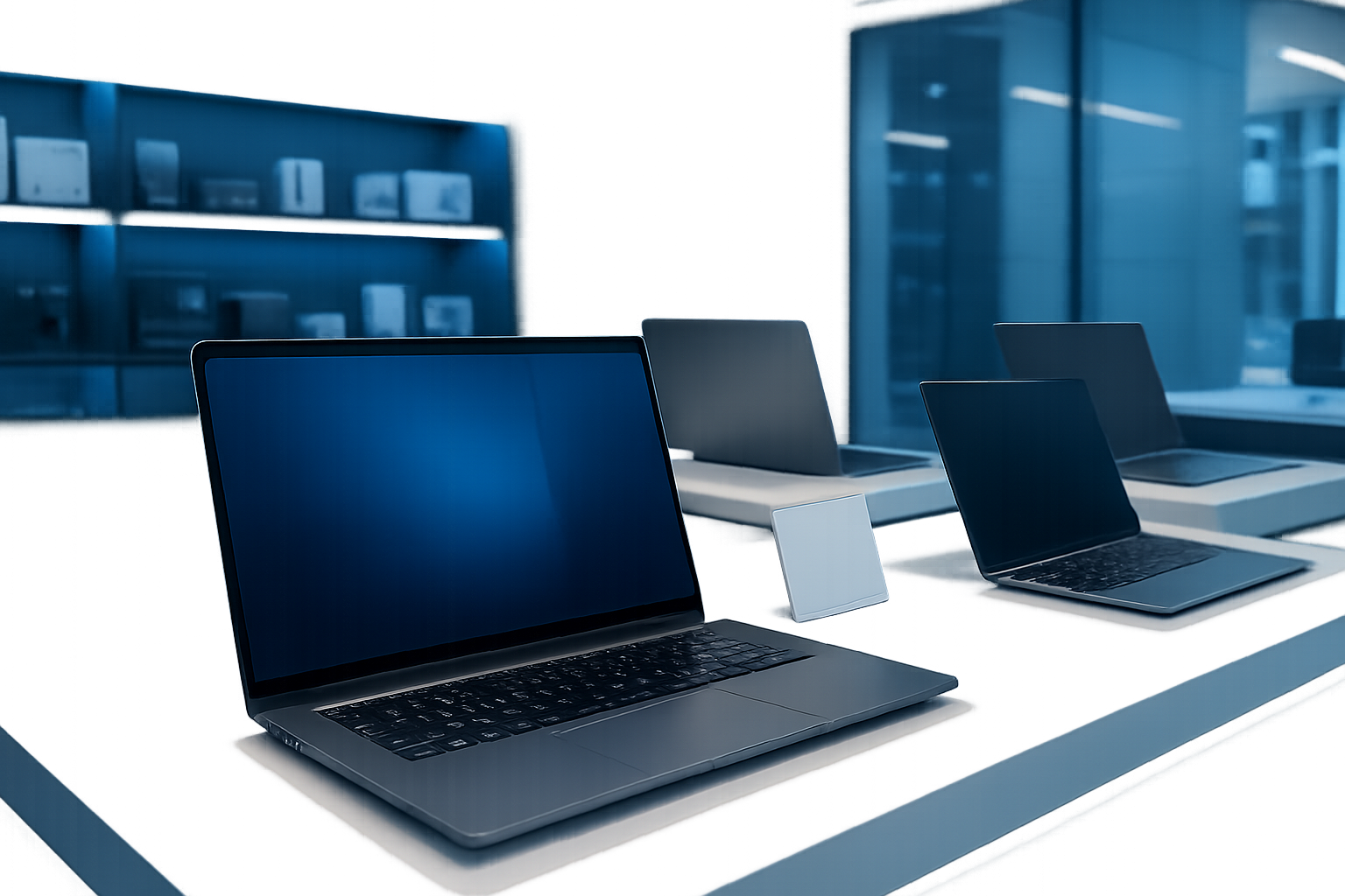 Premium laptop storefront showcase with multiple modern notebooks, price-tag style merchandising cards, and polished retail-tech presentation lighting