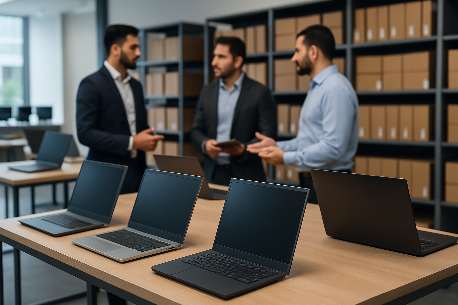 Professional laptop supply display with multiple modern business laptops arranged on clean retail shelves in a Dubai technology showroom