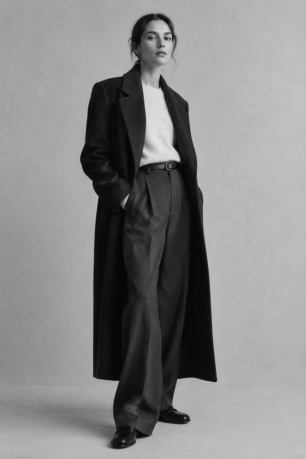 Monochrome editorial portrait of a model wearing layered modern apparel with a structured coat and clean tailored lines