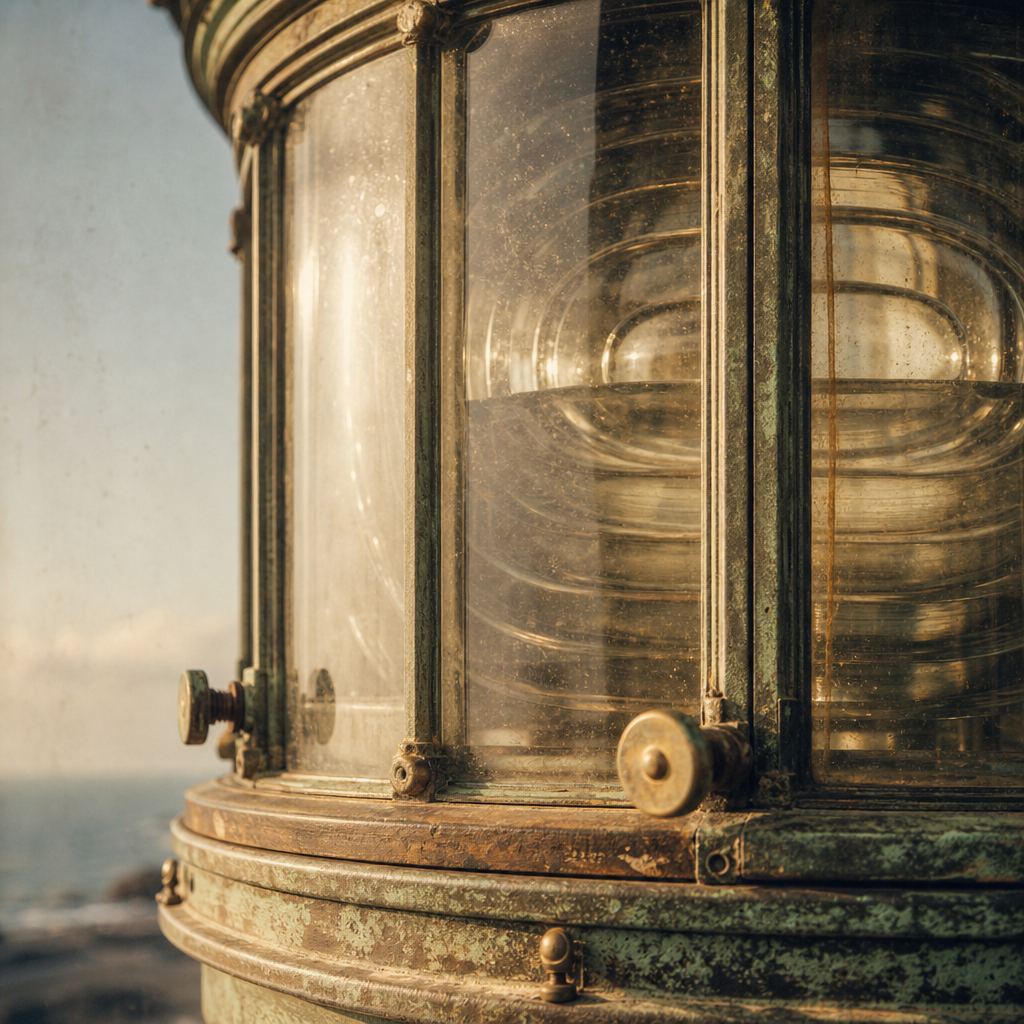 Close archival detail of lighthouse lantern glass and weathered brass with sea-salt patina