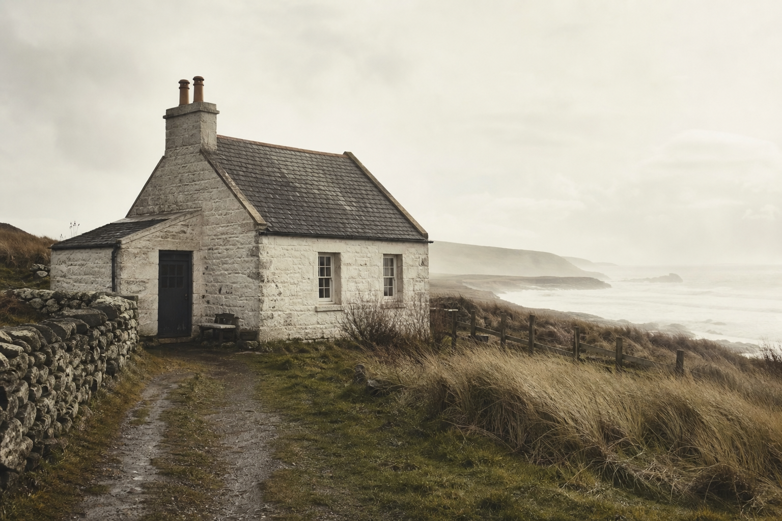 Keeper cottage exterior with damp stone walls and sea mist drifting through dunes
