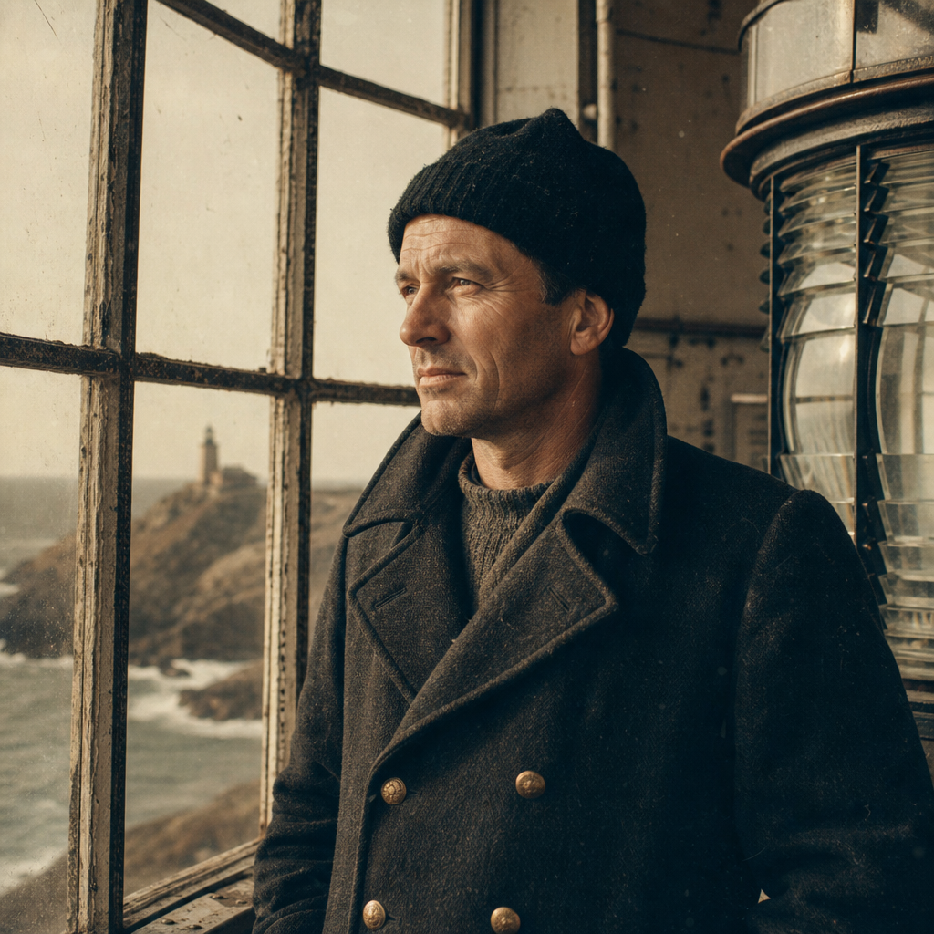 Weathered lighthouse keeper portrait of Elias Holm in a wool coat, restored archival film look with warm grain and soft contrast