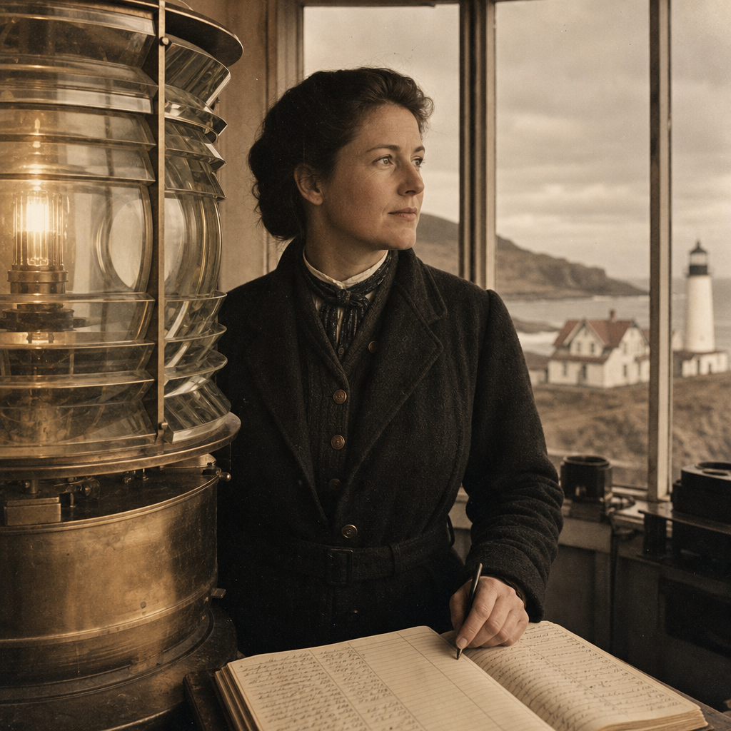 Restored archival portrait detail of keeper Marta Sivertsen beside lantern glass, warm sepia film tones with gentle grain