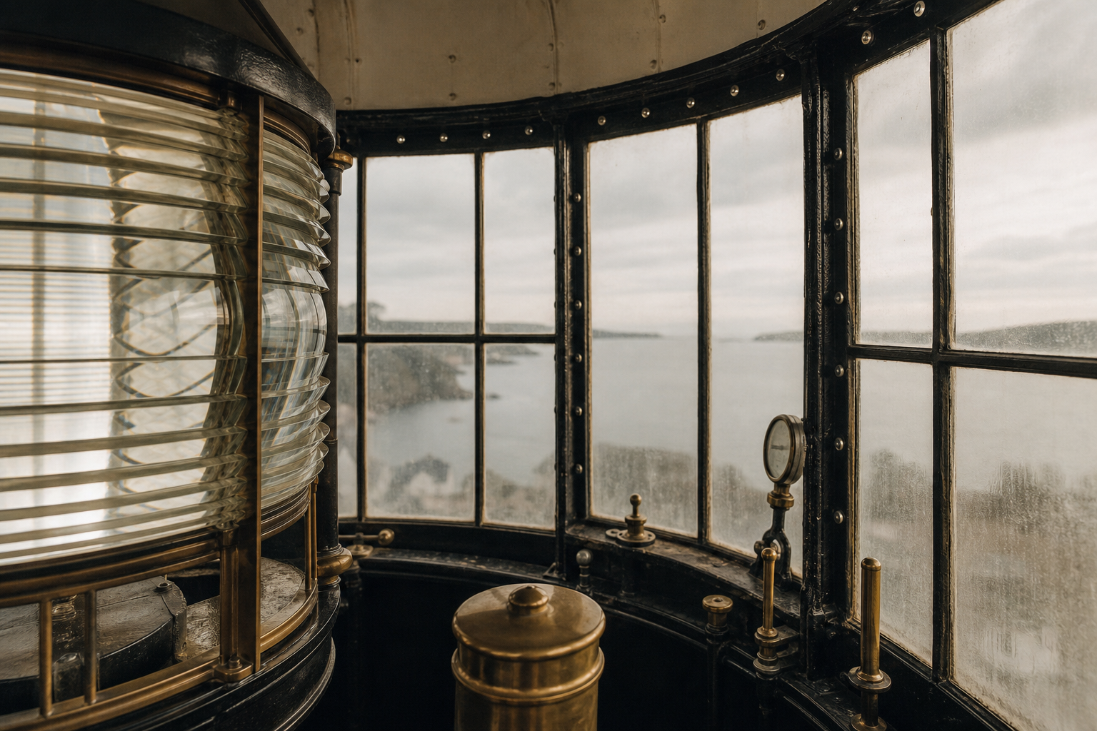 Lantern room interior with curved glass panes and riveted ironwork