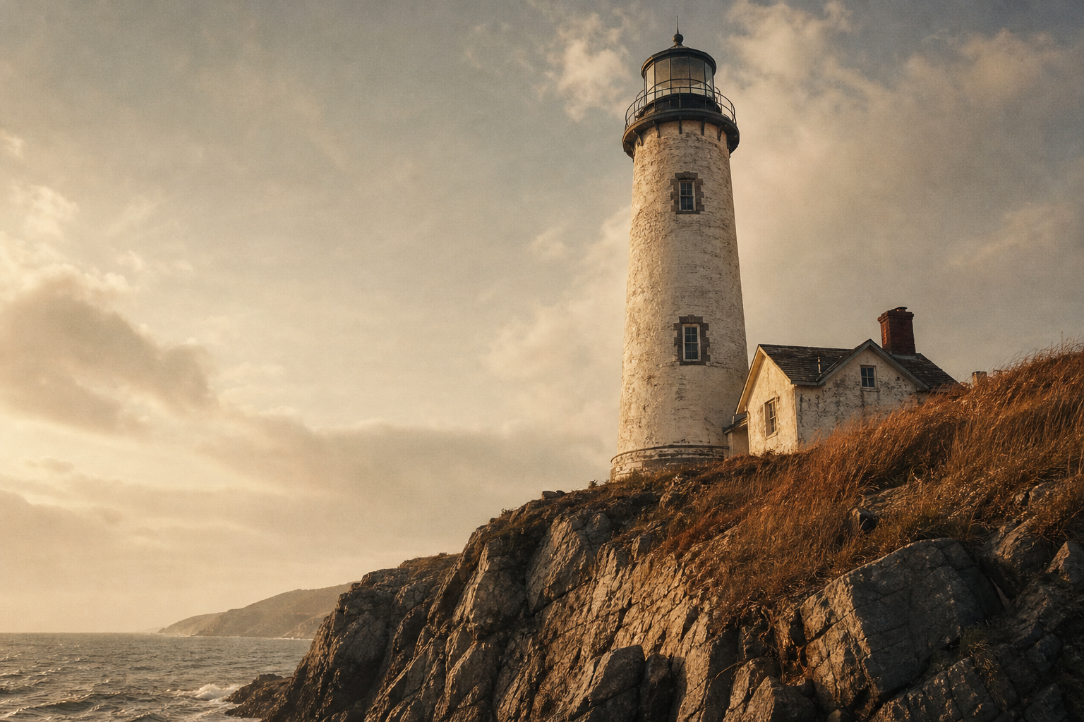 Tall masonry lighthouse standing on a wind-cut cliff in warm restored film tone