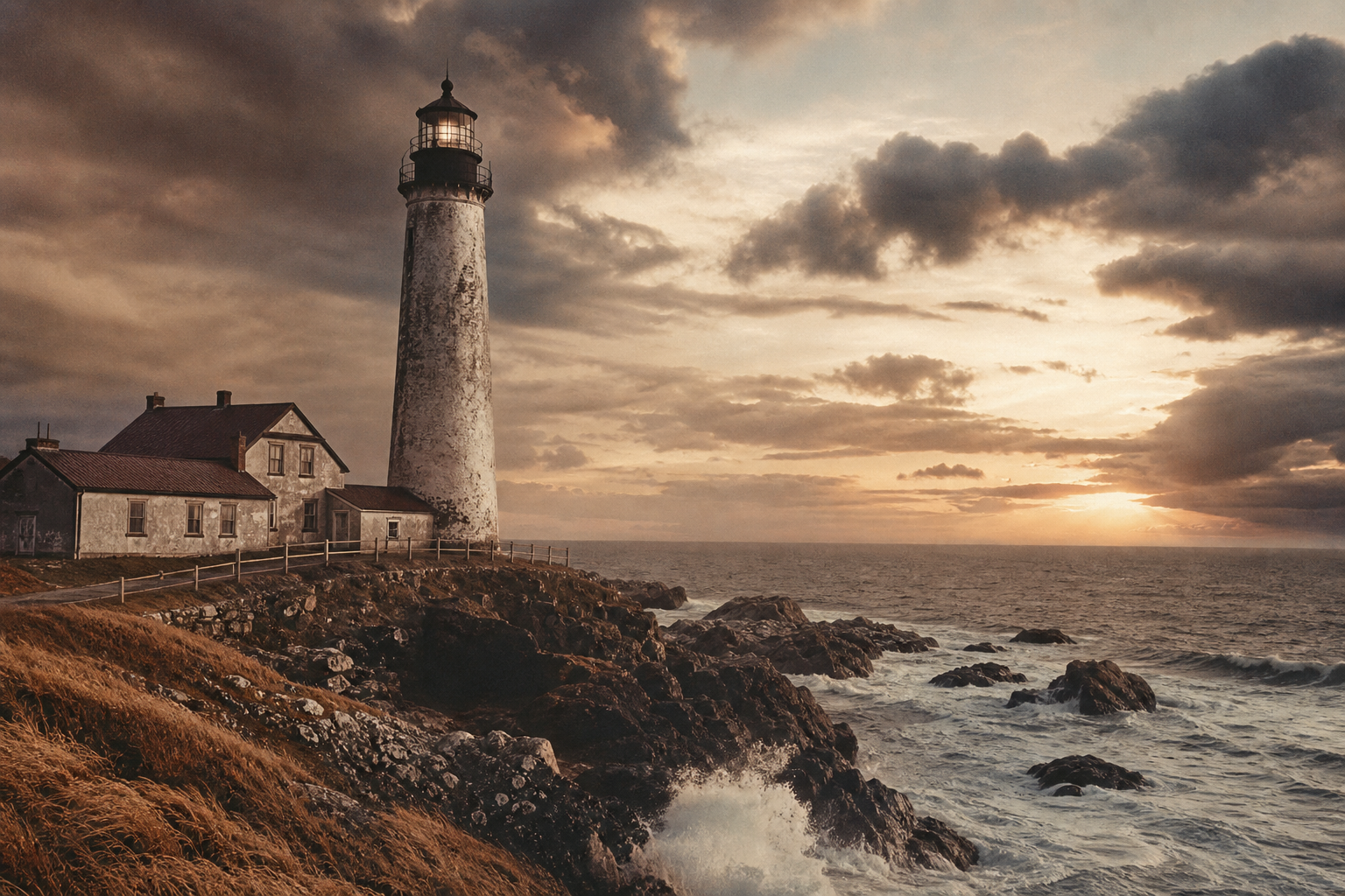 Windswept northern coast lighthouse at dusk with a weathered stone tower, surf, cloud banks, and a warm restored film-photography tone