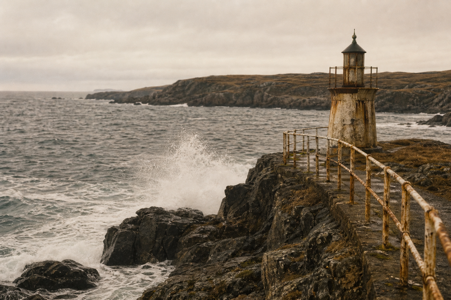 Rocky shoreline with low beacon post and weathered warning rail above surf