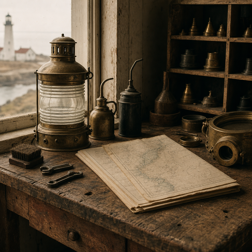 Archival environment detail of a salt-worn lantern maintenance workbench, brass tools and oil canisters in warm film photography style