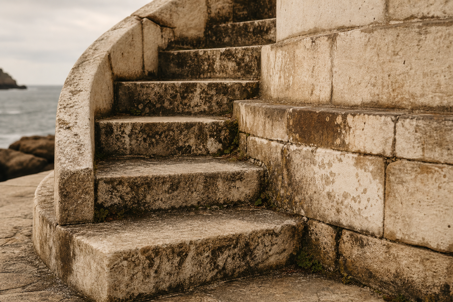 Weathered stone lighthouse staircase base with worn steps and salt-stained texture