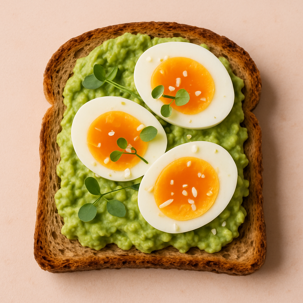 Whole grain avocado toast topped with soft-boiled eggs and herbs