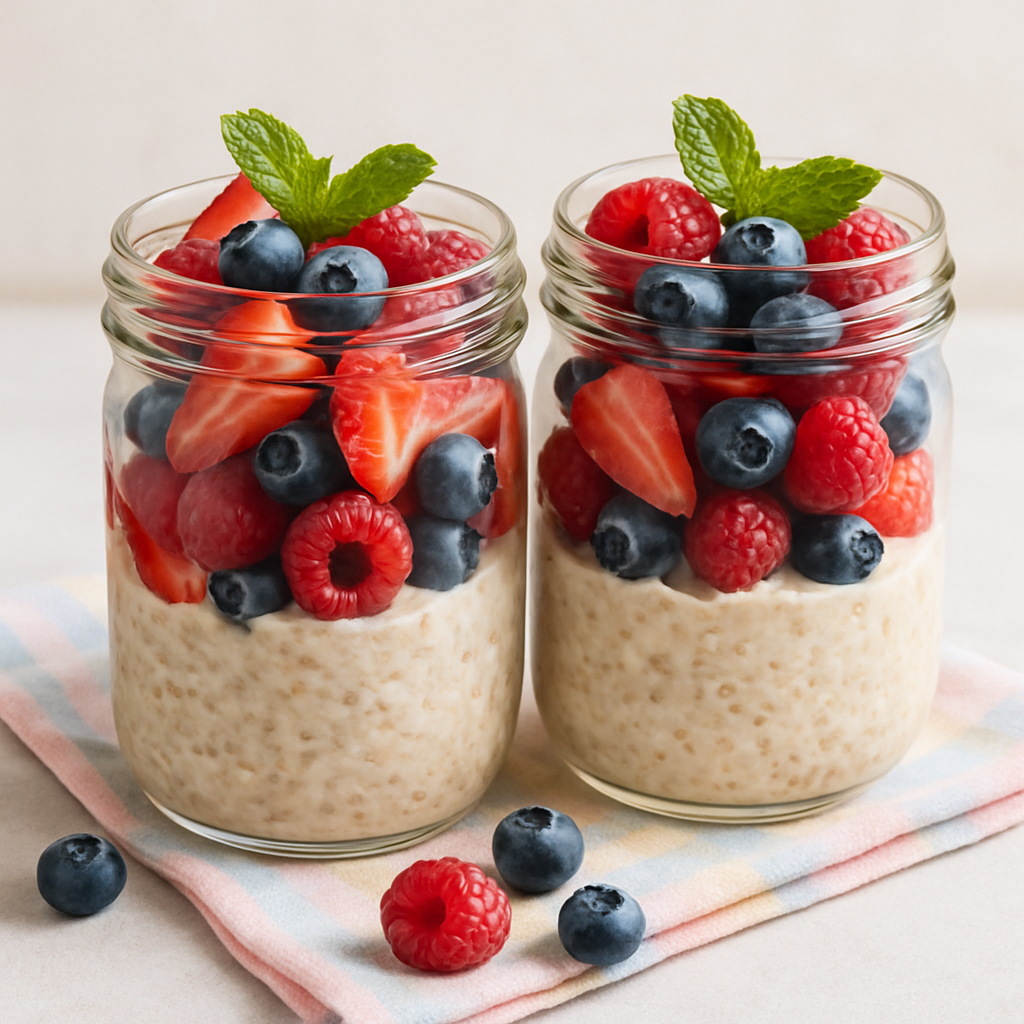 Overnight oats with berries in glass jars