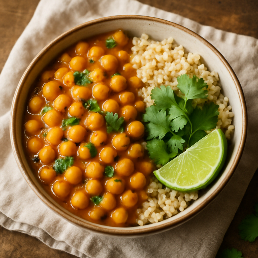 Bowl of chickpea curry with brown rice and fresh herbs