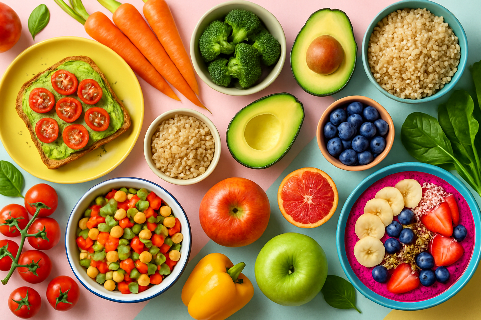 Bright, colorful spread of real healthy food, including fresh vegetables, grains, avocado toast, fruit, and a smoothie bowl, on a pastel background