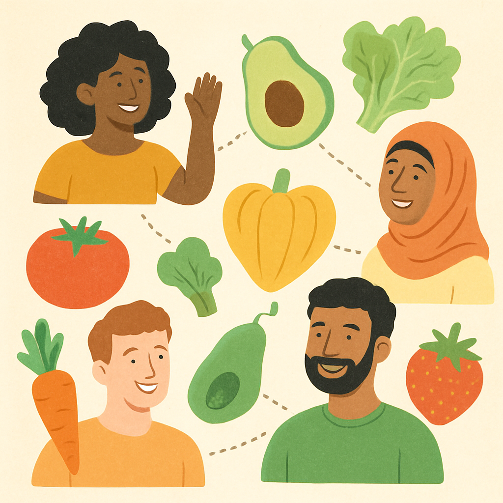 Diverse, happy people connected in a friendly healthy food community