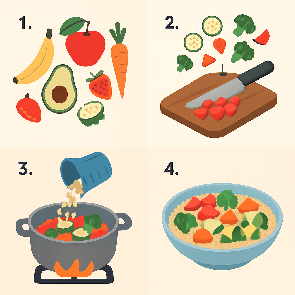 Simple illustrated recipe steps with healthy ingredients