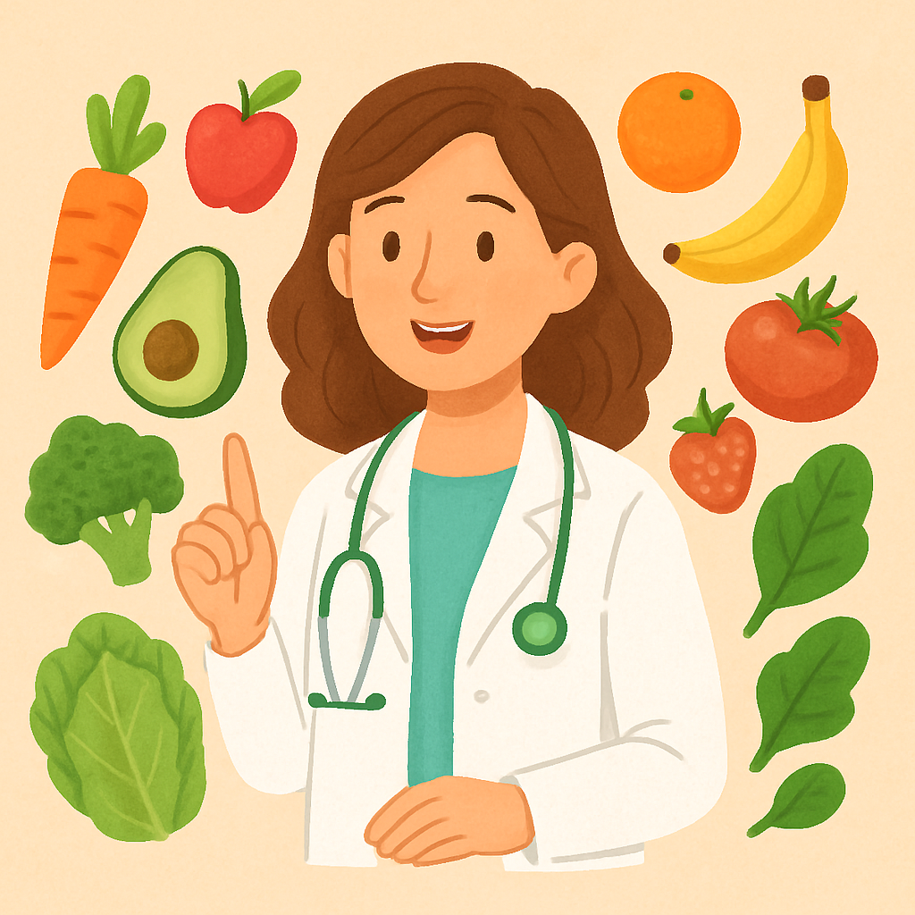 Friendly nutritionist giving advice, surrounded by wholesome foods